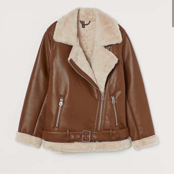 H&M Divided Brown Vegan Leather Shearling Faux Fur Oversized Moto Biker Jacket - Picture 2 of 9